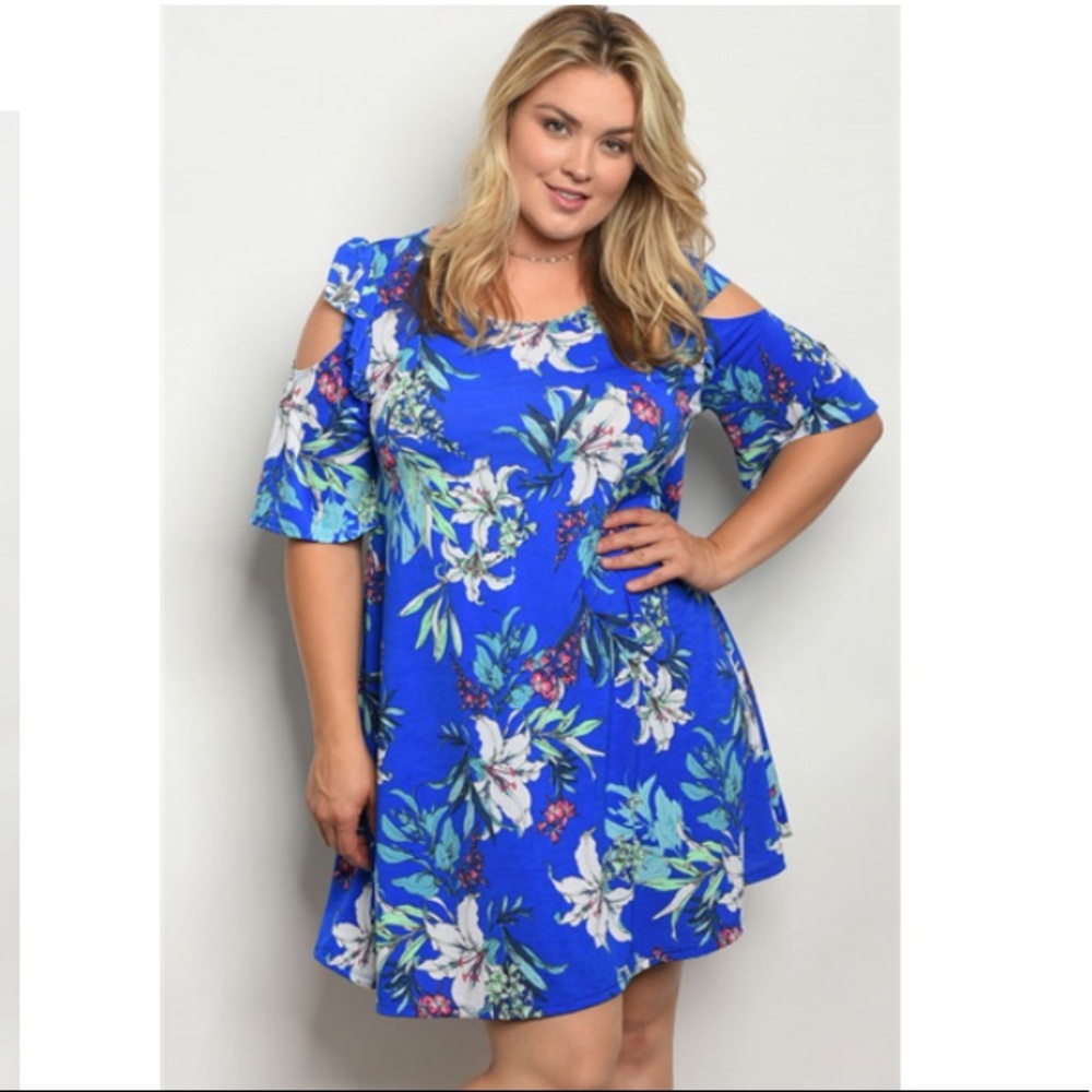 Floral Blue Cold Shoulder Dress Plus Size